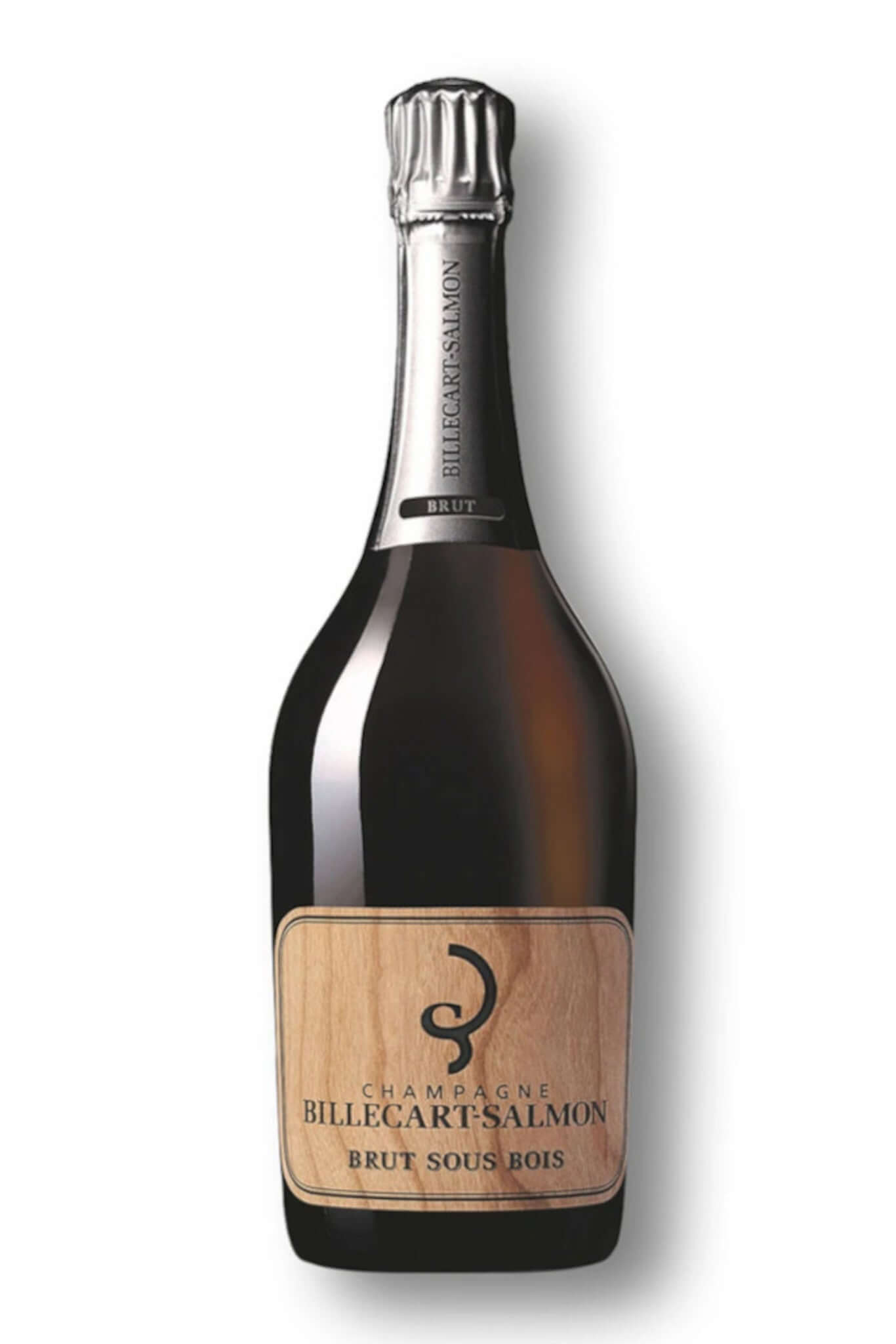 Billecart-Salmon Brut Sous Bois champagne bottle with elegant wooden label and distinctive design.