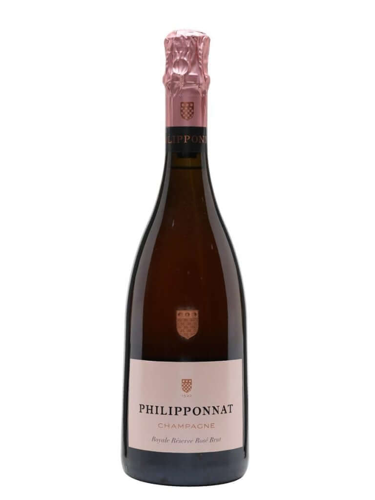 Bottle of PHILIPPONNAT Royal Reserve Brut Rosé with a pink foil and elegant label on a white background.