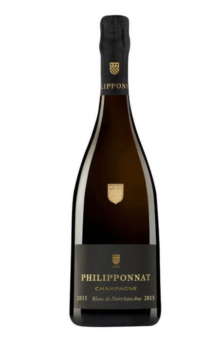 PHILIPPONNAT Blanc de Noir Champagne bottle, bright pink gold color, 2015 vintage, elegant design.