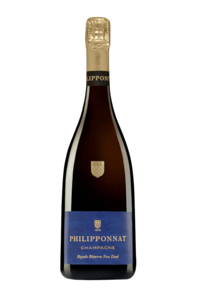 Bottle of Philipponnat Royal Reserve Non Dose Champagne, showcasing its elegant label and unique style.