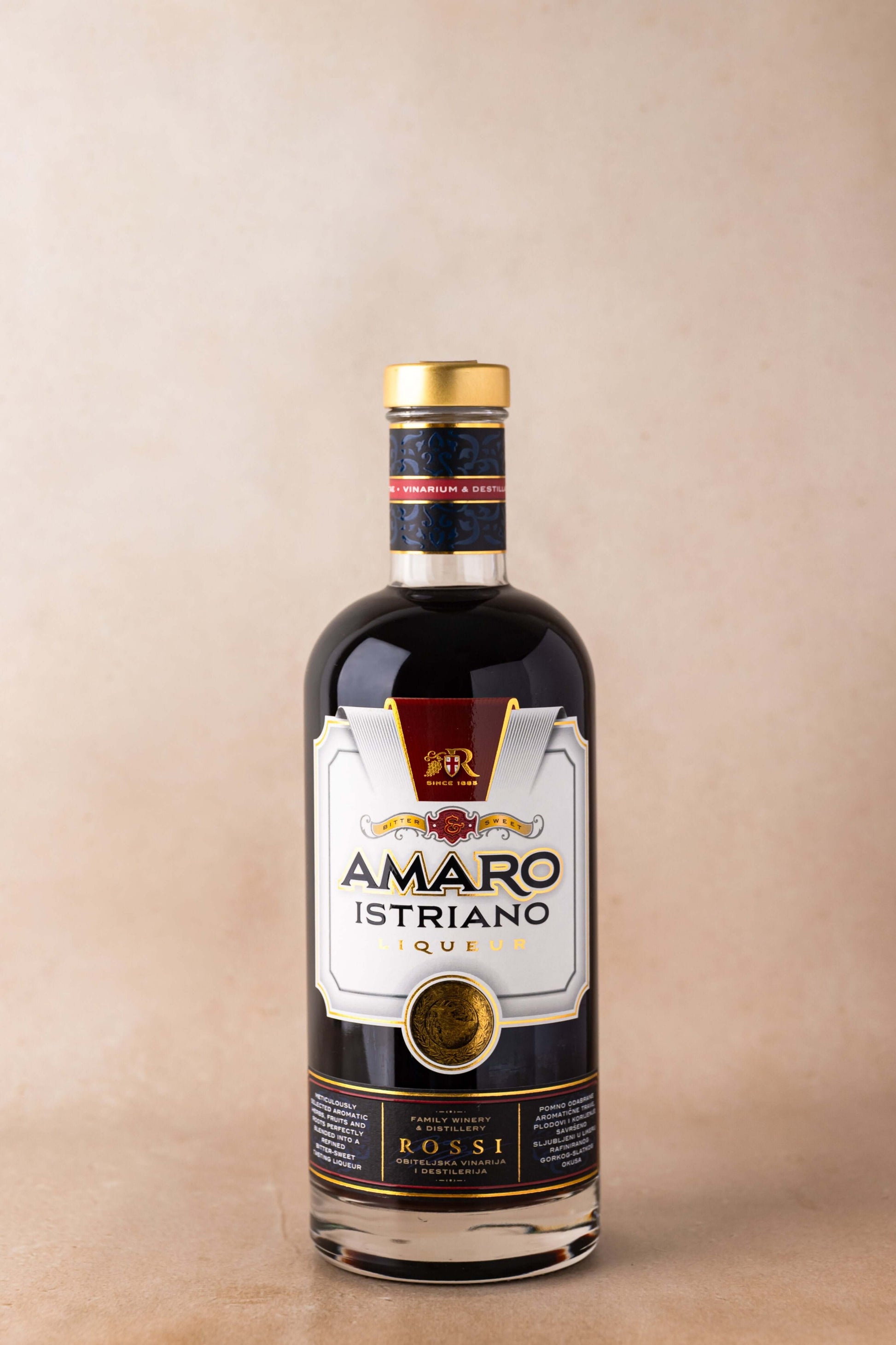 Bottle of Amaro Istriano 0.7l digestive liqueur with balanced berry, herb, and citrus aromas, inspired by traditional Italian Amaro liqueurs.